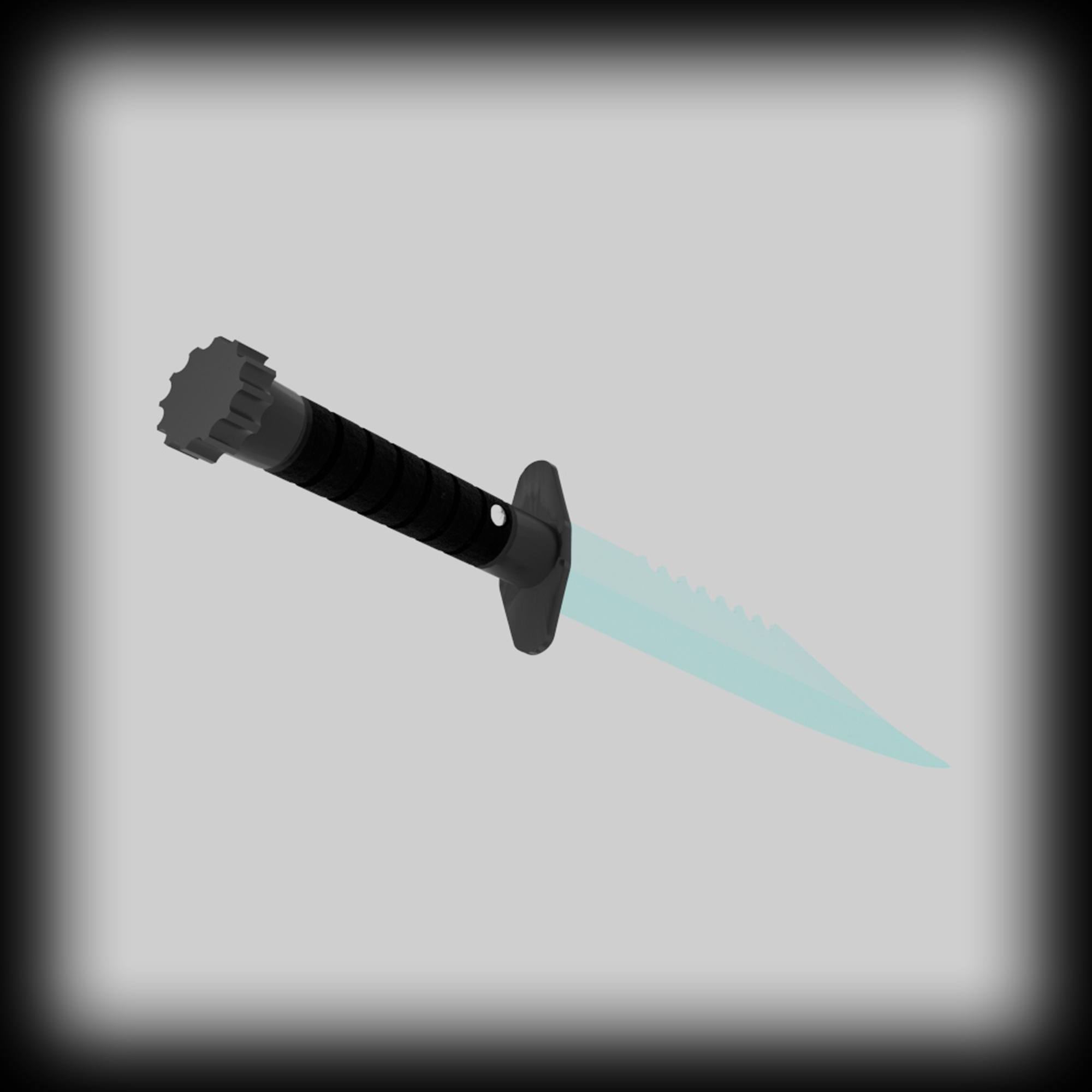 A long combat knife with a blue blade